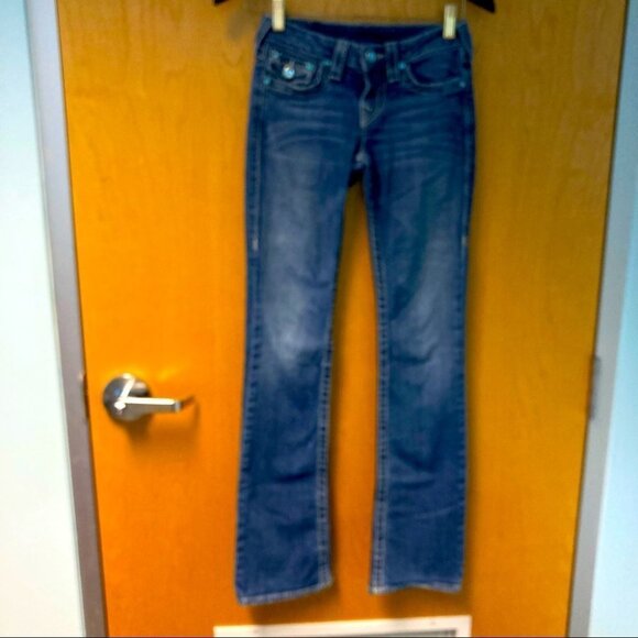TRUE  RELIGION Sz 25 World Tour High Rise Boot Blue Bling Jeans - Picture 1 of 8